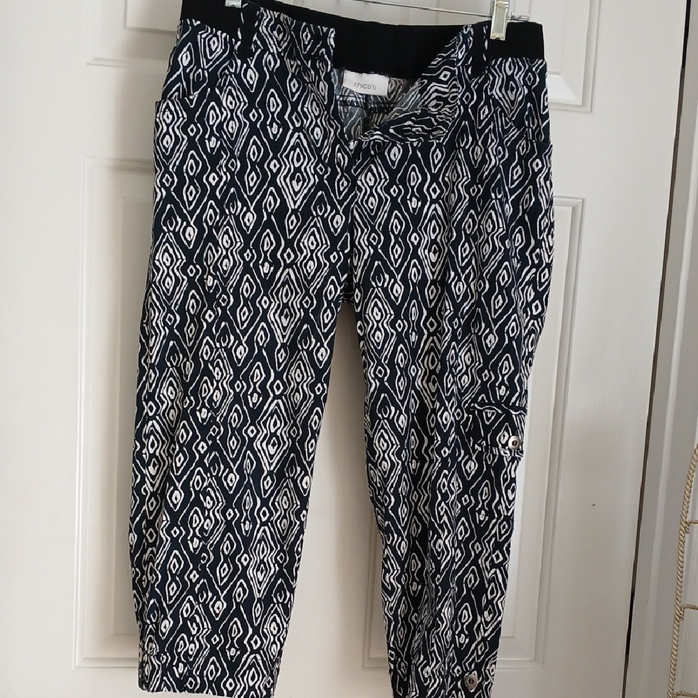 Chico's Navy Blue and White Geometric Cargo Pants